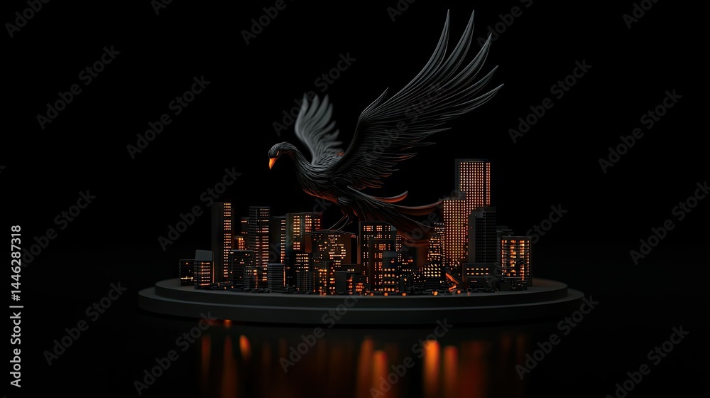 A dark statue of a bird flying over a cityscape