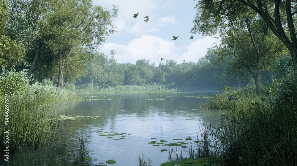 Calm lake surrounded by lush green trees and flying birds