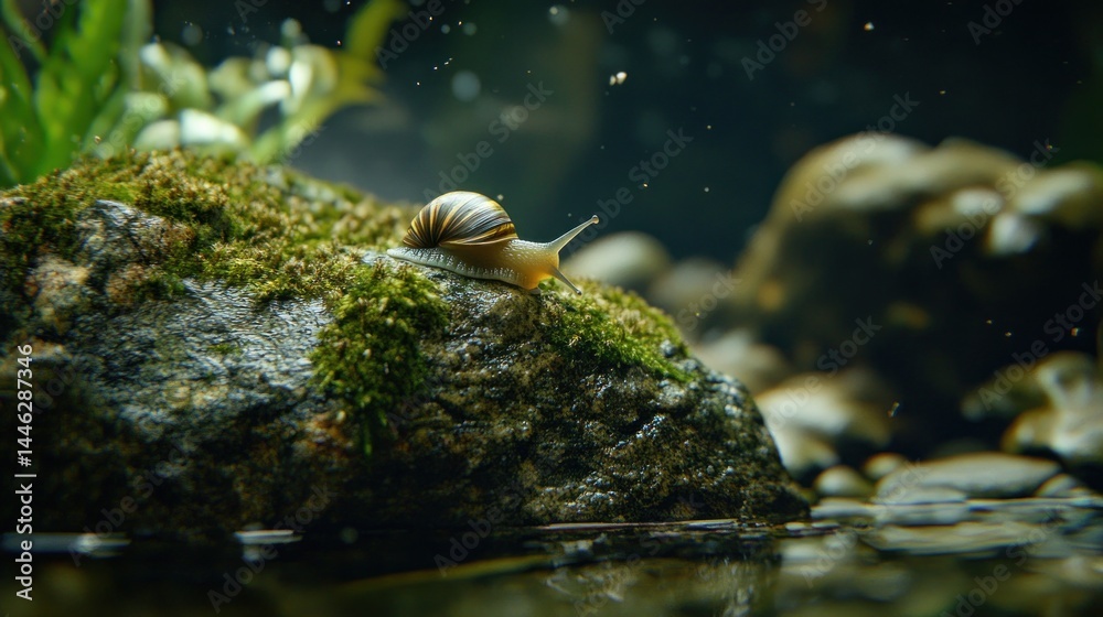 A snail crawls on a mossy rock near the water