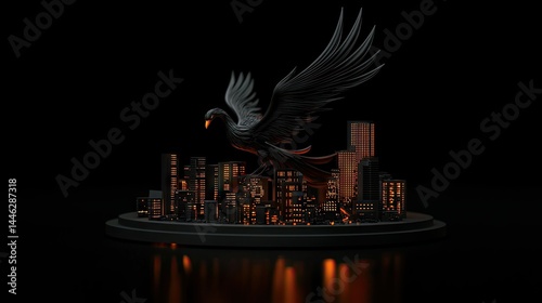 Obraz na płótnie A dark statue of a bird flying over a cityscape w salonie