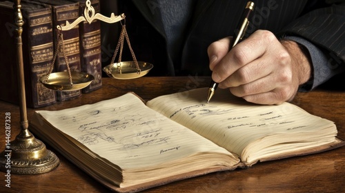 Scales of justice sit behind a man writing in a book