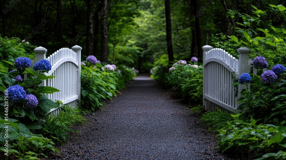 A garden pathway framed by gates and blooming colorful hydrangeas