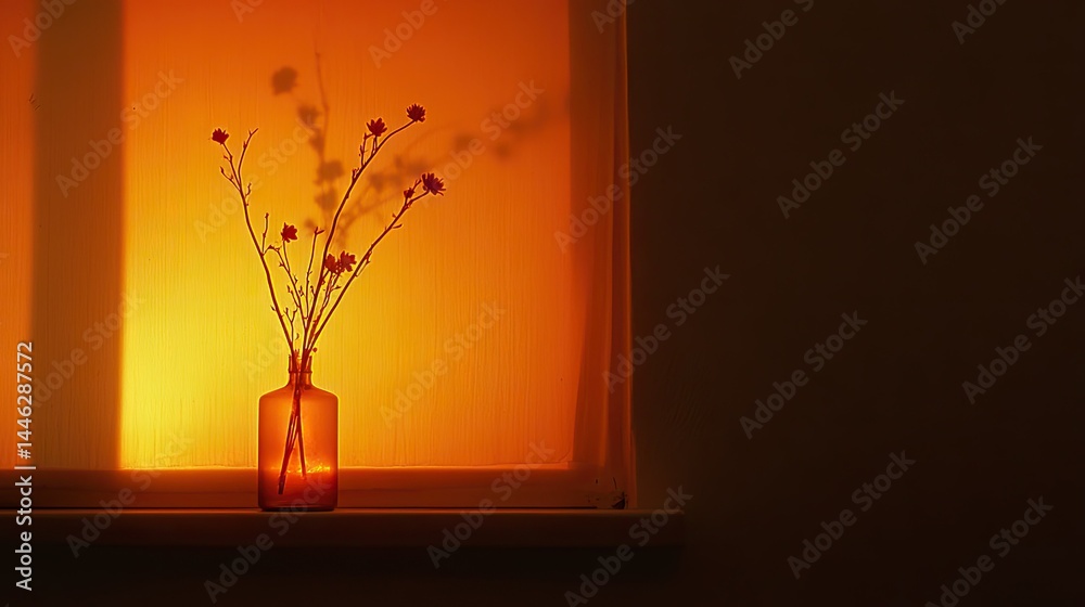 A vase with floral arrangements sits by a softly lit window