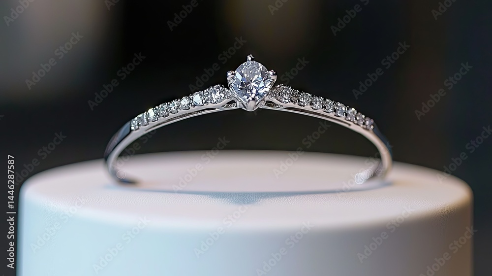 A beautiful elegant diamond ring resting on a white surface