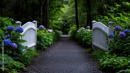 Obraz na płótnie A garden pathway framed by gates and blooming colorful hydrangeas w salonie