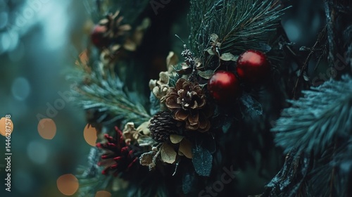 Obraz na płótnie Close up of a christmas wreath decorated with ornaments w salonie