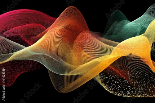 Abstract flowing lines and color gradients against black backdrop create sense of movement, fluidity, and modern elegance.