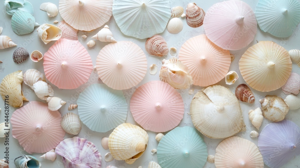 Seashells and paper parasols arranged artistically on a light surface
