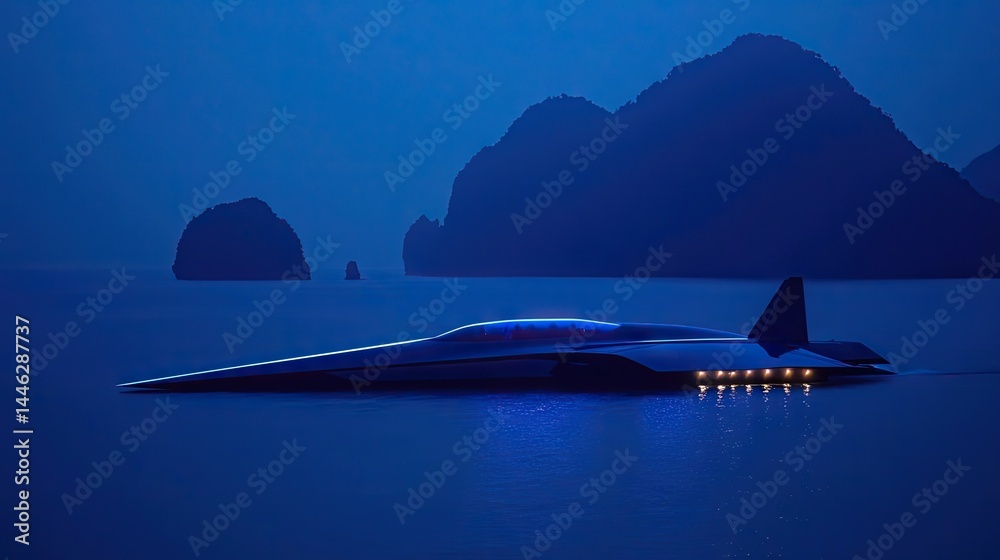A futuristic watercraft navigates the still waters at dusk with illuminated features