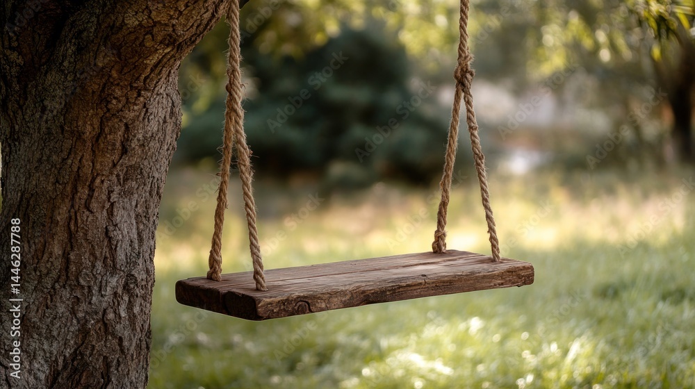 Wooden swing hanging from a tree in a park