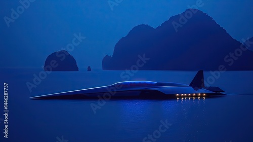 Obraz na płótnie A futuristic watercraft navigates the still waters at dusk with illuminated features w salonie