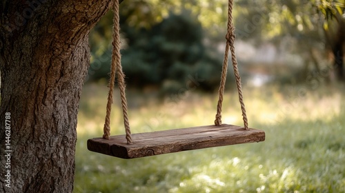 Obraz na płótnie Wooden swing hanging from a tree in a park w salonie