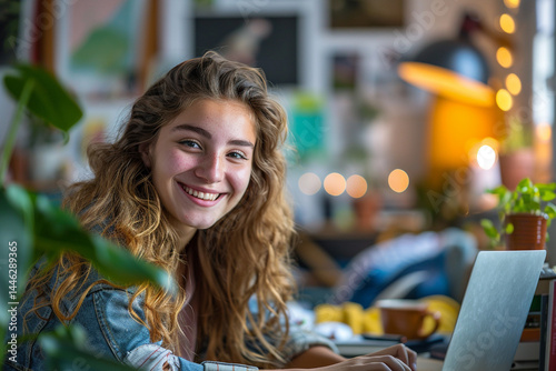 resilient and tech savvy GenZ is embracing opportunity to work from comfort of their cozy home office, radiating positivity with their beaming smiles    