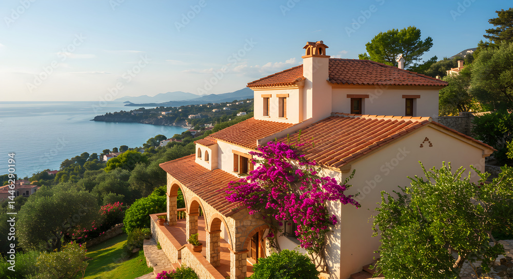 Fototapeta premium Stunning Villa Overlooking the Mediterranean Coast on a Sunny Day