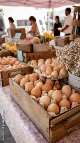 Fresh eggs in wooden crates, displayed on a tablecloth at an outdoor farmer's market, customers browsing in background.