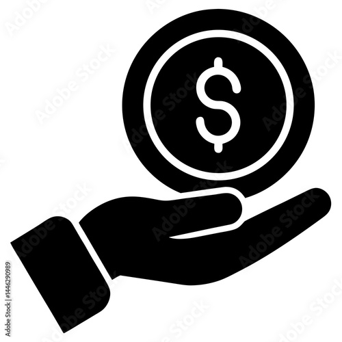 A simple, flat vector icon of a hand holding a coin with a dollar sign. isolated on white background