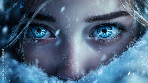 A close-up of a girl with wide eyes in a snowy wilderness. [Frozen Time] | Glacial Dials | cold faces. Illustration photo