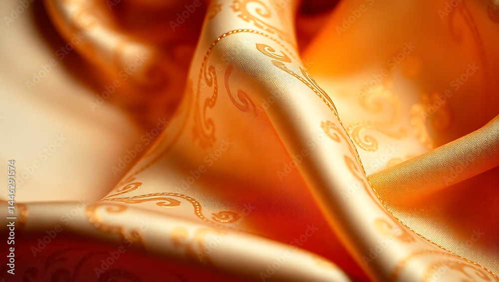 Naklejka premium Luxurious Orange Silk Fabric Texture: Elegant Drapery with Satin Shine and Woven Curves 