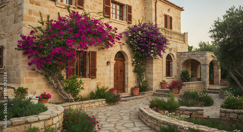 Fototapeta premium Picturesque Stone Villa With Bougainvillea Flowers And Mediterranean Garden