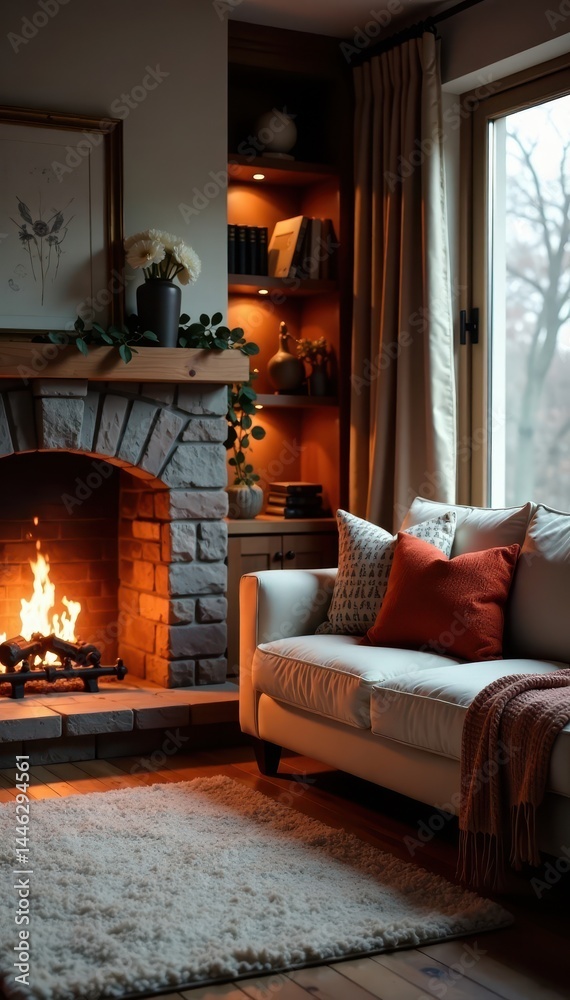 Warm fireplace glows, plush sofa beckons, soft rug comforts , mantle, fireplace Warm fireplace glows, plush sofa beckons, soft rug comforts , mantle, fireplace