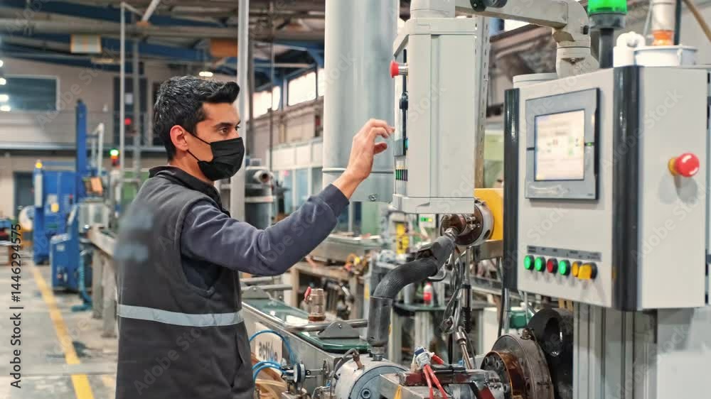 Industrial Technician Operating Control Panel on Automated Production Line Industrial Technician Operating Control Panel on Automated Production Line