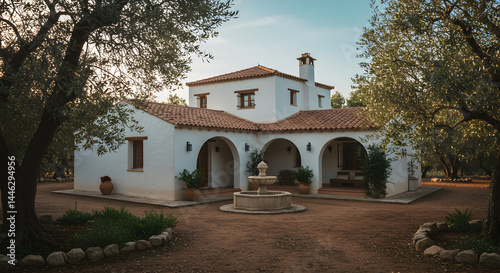 Tranquil Mediterranean Estate with Fountain and Mature Olive Trees Landscape