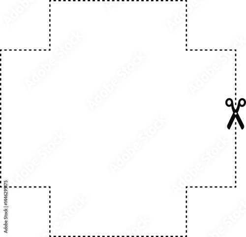 A dashed line forming a cross shape with a scissor icon indicating where to cut.