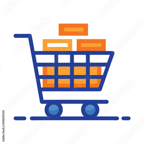 Blue Shopping Cart with Orange Boxes, Minimalist Line Icon on a White Background