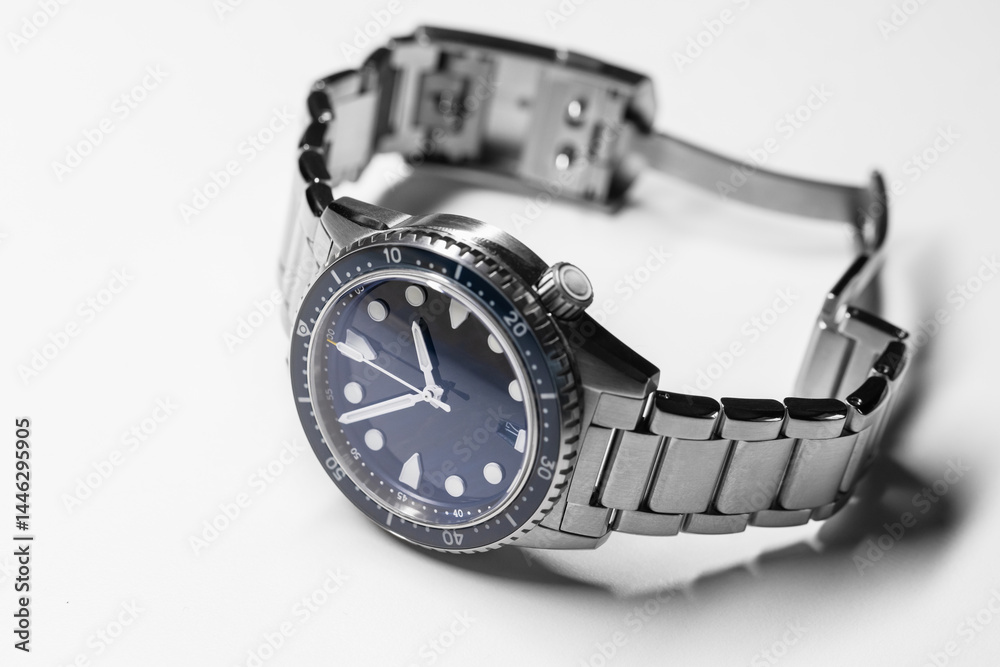 Elegant stainless steel dive watch featuring a blue dial with white markers