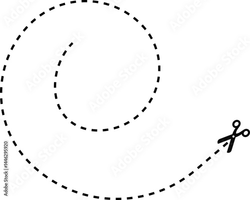 A dashed line with a scissors icon showing a spiral round path for cutting.