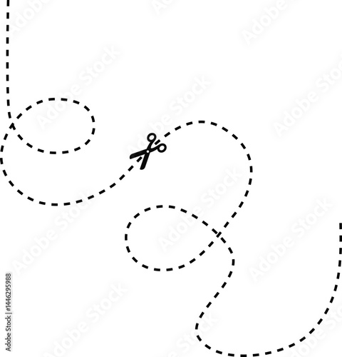 A dashed line with a scissors icon indicating a cutting path with two loops and curves.