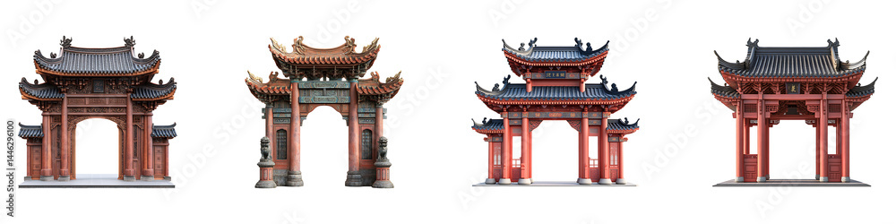 Fototapeta premium Set, group, collection of Chinese temple gate isolated on transparent background.