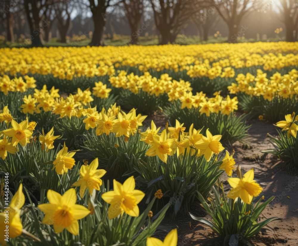 Sunlit field of vibrant yellow daffodils in full bloom , macro, spring flowers, bright Sunlit field of vibrant yellow daffodils in full bloom , macro, spring flowers, bright