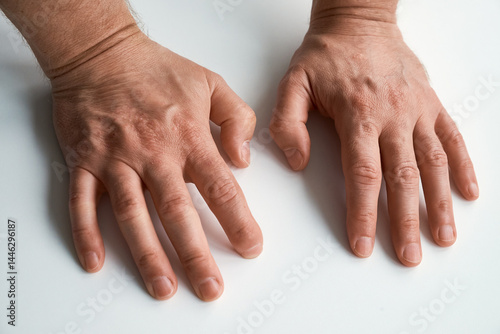 Close-up of male hands with visible finger deformities caused by arthritis and irritated skin showing symptoms of eczema or dermatitis.