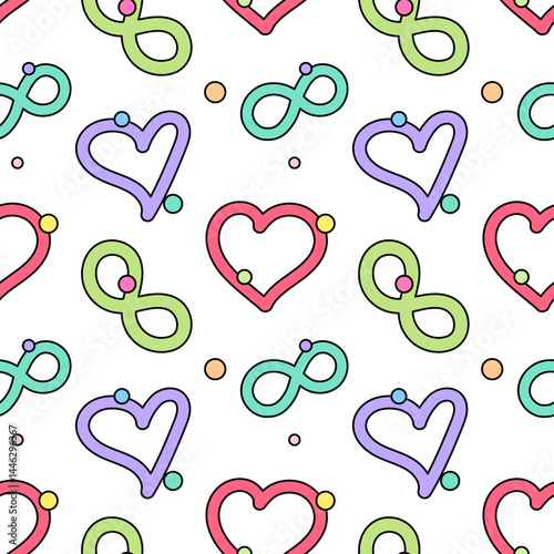 Seamless pattern featuring doodles red and purple hearts, green infinity symbols, or loops, and confetti on a white background. Perfect for romantic designs, wrapping paper, notebook cover, bedspread.