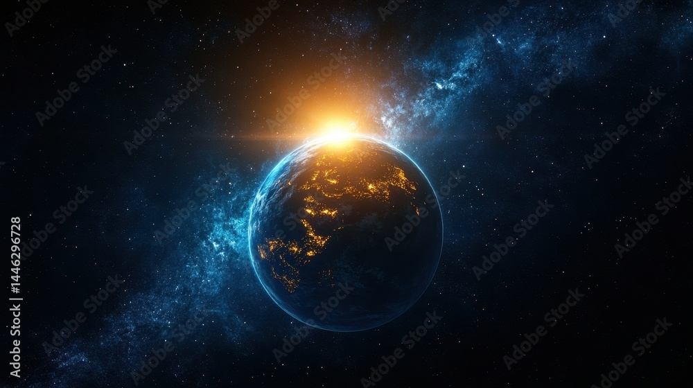 Fototapeta premium Stunning earth sunrise from space with vibrant galaxy and city lights