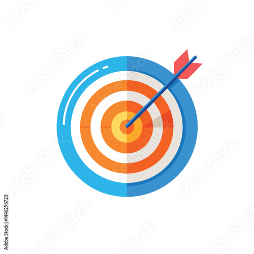Flat Design Target with Arrow in Bullseye. Orange, Red, Blue, and White Colors