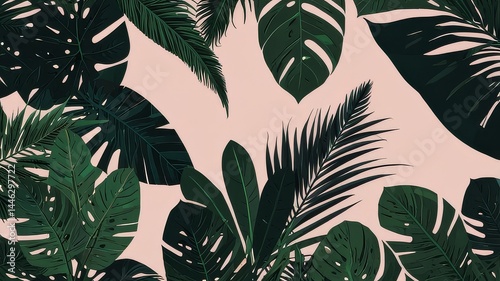 Tropical Leaves Illustration with Vibrant Green, Orange, and Yellow Colors on Black Background