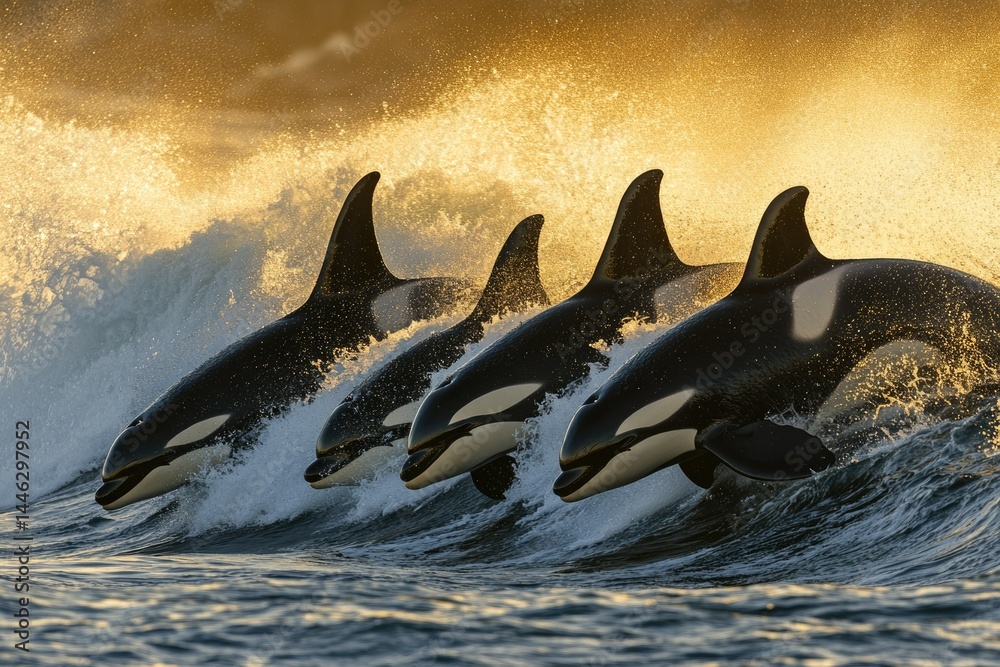 Fototapeta premium Four orcas playfully ride a wave at sunset, showcasing their sleek, powerful forms.