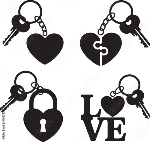 Valentines Day Love keychain silhouette set vector illustration isolated On Transparent Background