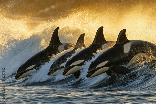 Four orcas playfully ride a wave at sunset, showcasing their sleek, powerful forms.