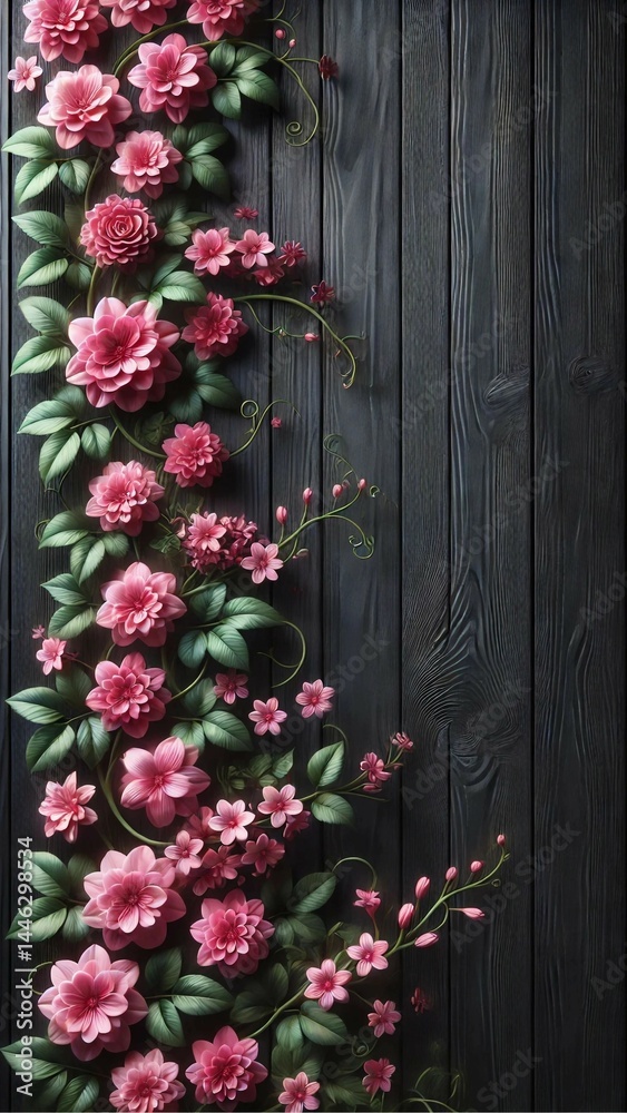 Naklejka premium Pinke Blütenranken mit grünen Blättern ranken sich elegant an einer dunklen Holzoberfläche empor – perfekt für Einladungen oder Hintergründe.