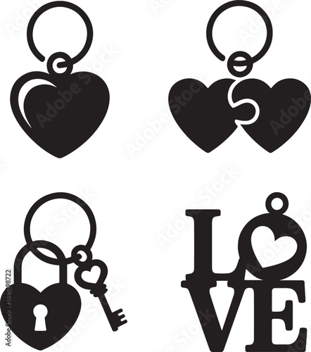 Valentines Day Love keychain silhouette set vector illustration isolated On Transparent Background