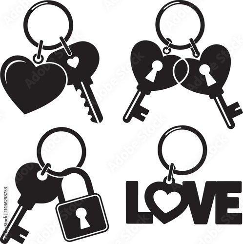 Valentines Day Love keychain silhouette set vector illustration isolated On Transparent Background