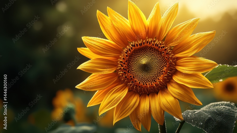 Fototapeta premium Vibrant sunflower blooming in sunlight with dew-drops on petals