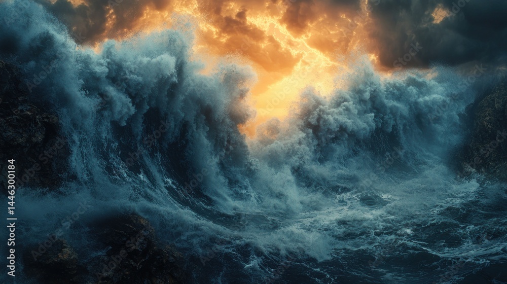 Fototapeta premium Dramatic ocean waves crashing on rocks at sunset