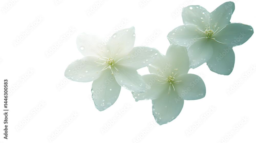 Naklejka premium Delicate White Flowers with Dew Drops on a Black Background for Design and Decorations