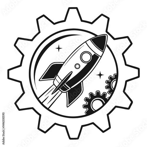Black & White Rocket Launching Inside Gears, Smoke Trails, Simple Line Art, and Star