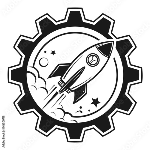 Rocket Launch Inside Gear, Monochrome Space Exploration Concept, Stars and Cloud Trail