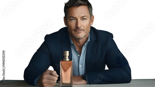 Elegant Man in Formal Attire with Perfume Bottle Ideal for Luxury and Fragrance Marketing